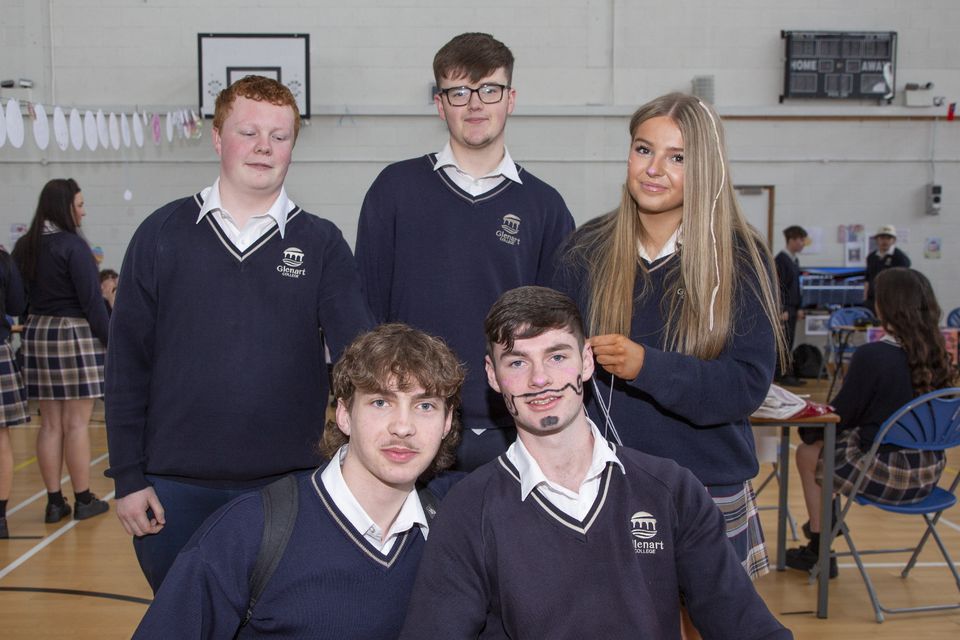 Shane Ward, Matas Krunkaitis, TJ Kelly, Sean Kenny and Issie Kane at the Glenart College TY Easter fair in aid of Enable Ireland. Photo: Michael Kelly