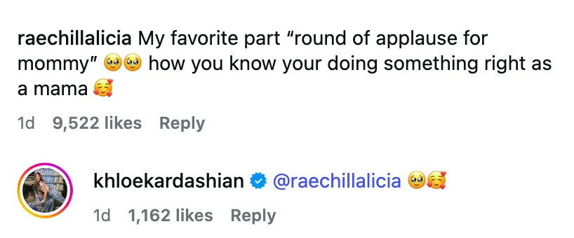 Comment praising a sweet moment between Khloé and True