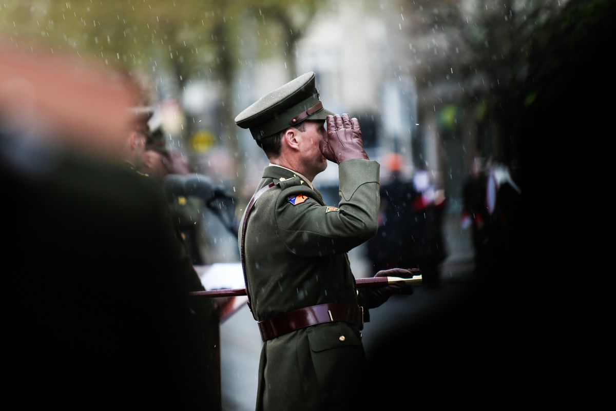 Military personnel during a ceremony to mark the anniversary of the 1916 Easter Rising at the GPO on O'Connell Street Dublin. 