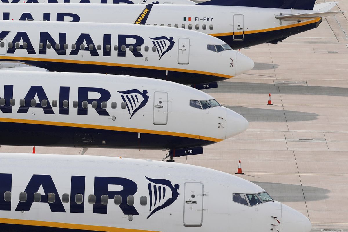 STANSTED, UNITED KINGDOM - JUNE 30: Ryanair planes are parked in a stand at Stansted Airport on June 30, 2020 in Stansted, United Kingdom. Passengers travelling between the UK and some countries will no longer have to quarantine, under a new scheme to be announced by the government. The list of countries is expected to be announced later this week. (Photo by Dan Kitwood/Getty Images)