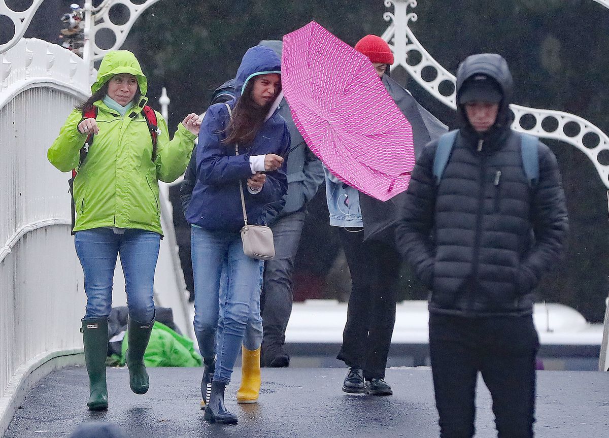 People out in the wind and rain in Dublin city centre
