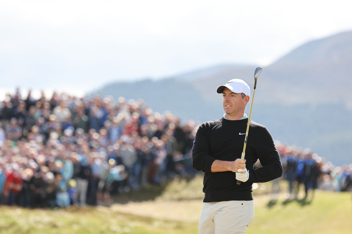 Rory McIlroy in action during day four of the Amgen Irish Open 2024 at Royal County Down Golf Club