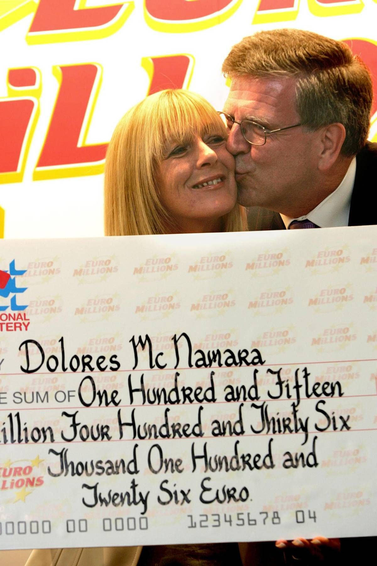 Dolores McNamara is congratulated by Lottery Director Ray Bates on her record breaking lotter win 