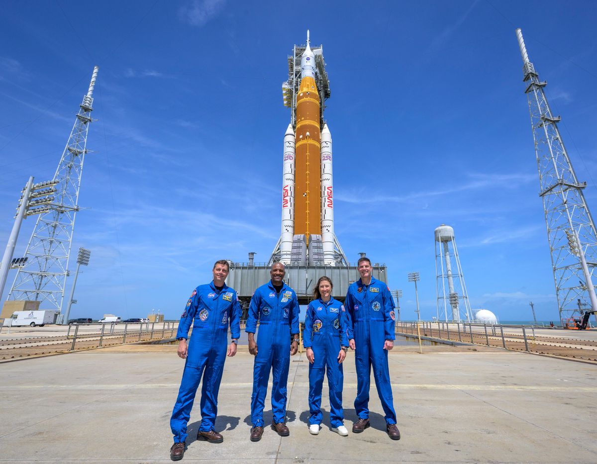 NASA astronauts Reid Wiseman, Artemis II commander, left, Victor Glover, Artemis II pilot, Christina Koch, Artemis II mission specialist, and CSA astronaut Jeremy Hansen