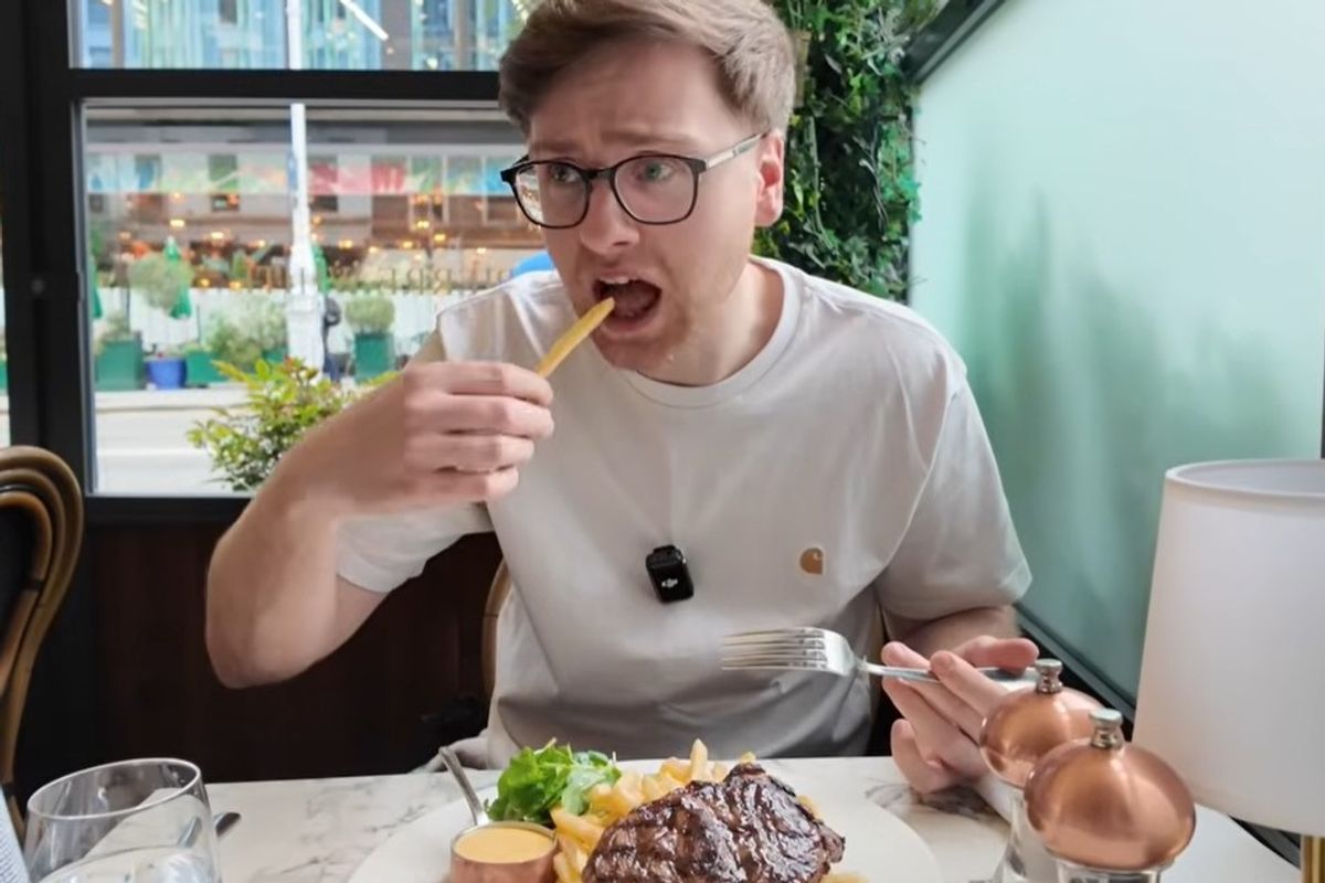 Paul eating steak and chips 