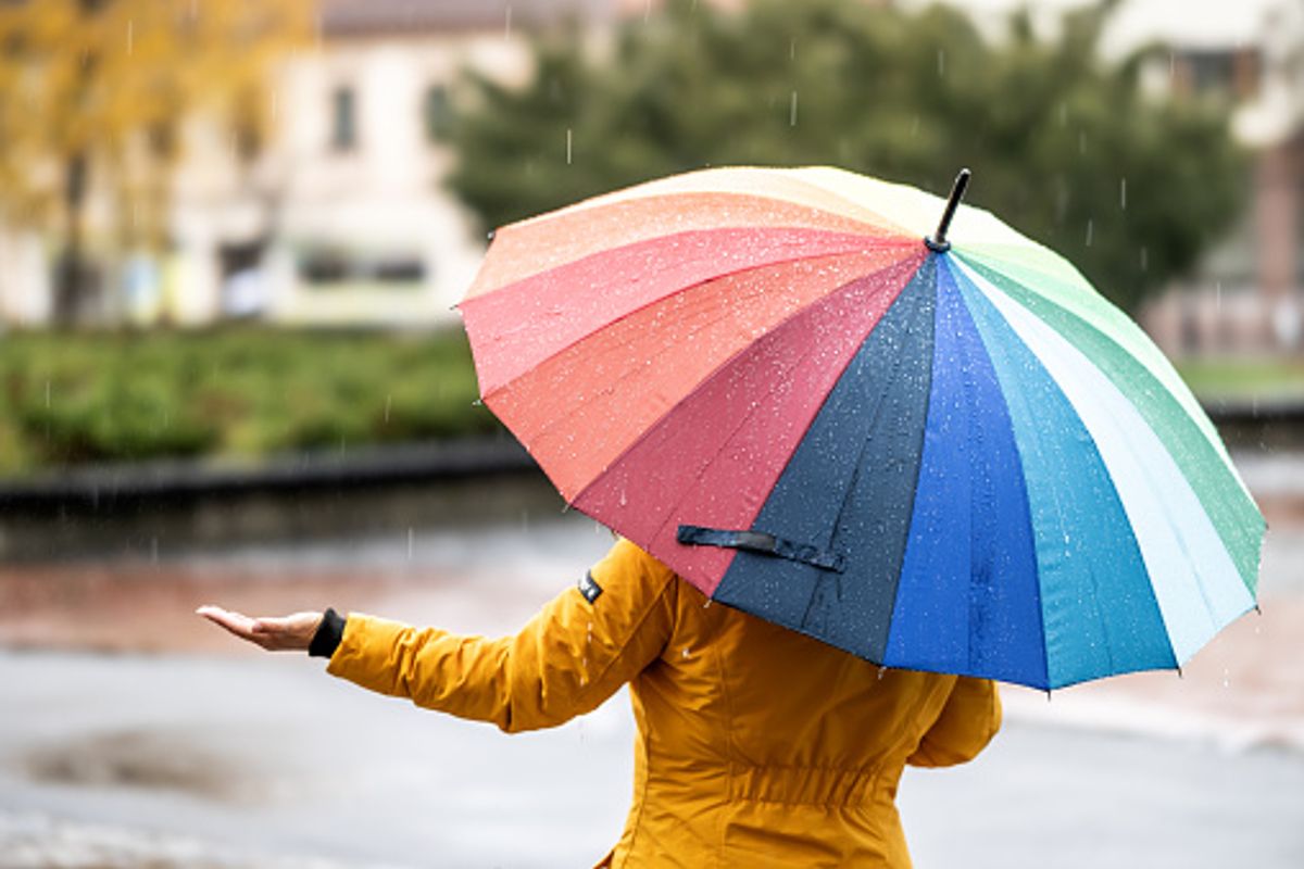 A shot from behind of a woman in a yellow, hooded waterproof jacket holding an umbrella and reaching out as if checking to see if it's still raining.