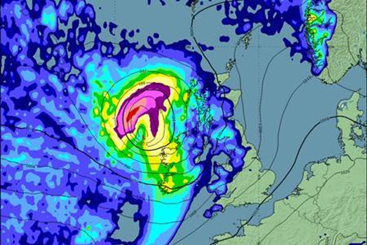 Satellite image displaying a weather system with intense colors indicating areas of high pressure and low pressure. The system exhibits a complex interplay of colors ranging from deep blue to vibrant purple and green, suggesting significant atmospheric activity.