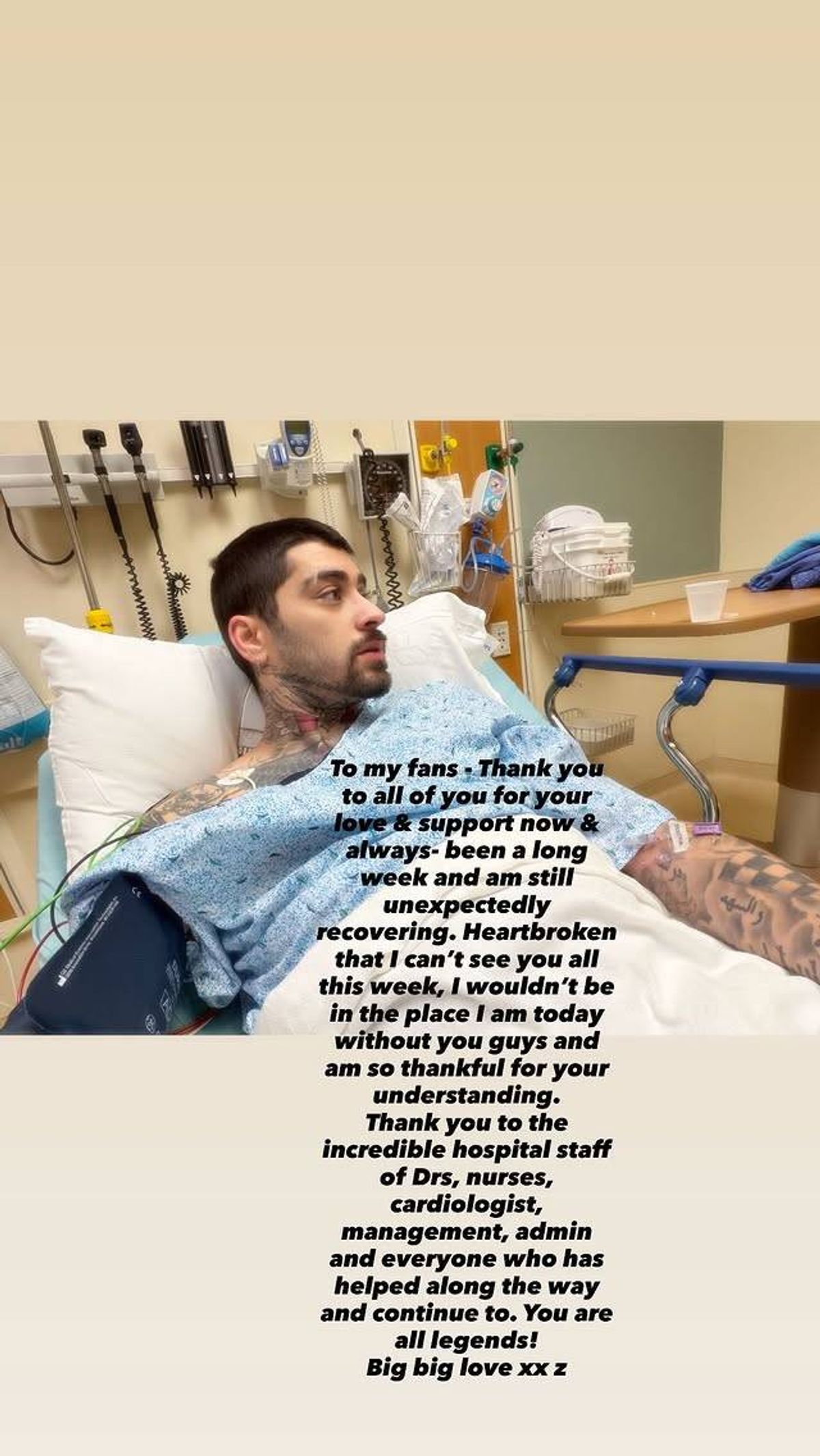 A man is lying in a hospital bed, appearing to be in a contemplative mood. Various medical equipment and items are visible in the background, suggesting a hospital setting. A heartfelt message is displayed prominently in the image, conveying gratitude and appreciation.