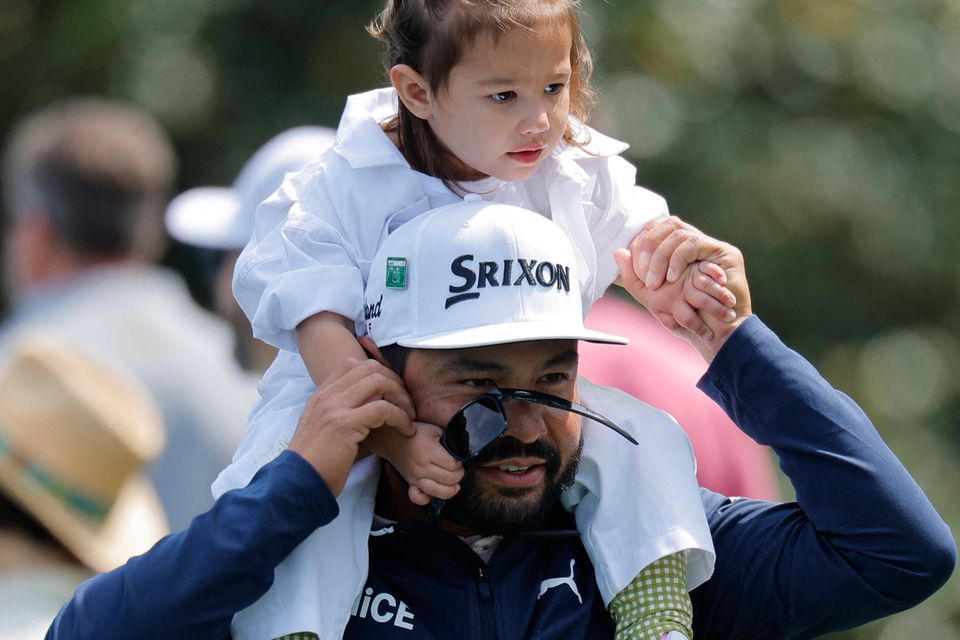 Golf - The Masters - Augusta National Golf Club, Augusta, Georgia, U.S. - April 8, 2026
J.J. Spaun of the U.S. with his daughter during the par 3 contest REUTERS/Mike Blake