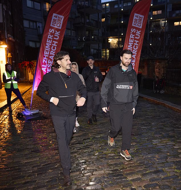 Actors Mathew Baynton, Tom Glynn-Carney and Perry Benson joined Charlie Quirke (right) on a soggy start to the second day of his charity challenge on Tuesday