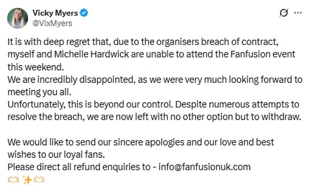 However on Friday both Vicky and Michelle confirmed they would no longer be attending the event in a post on the Corrie star's social media