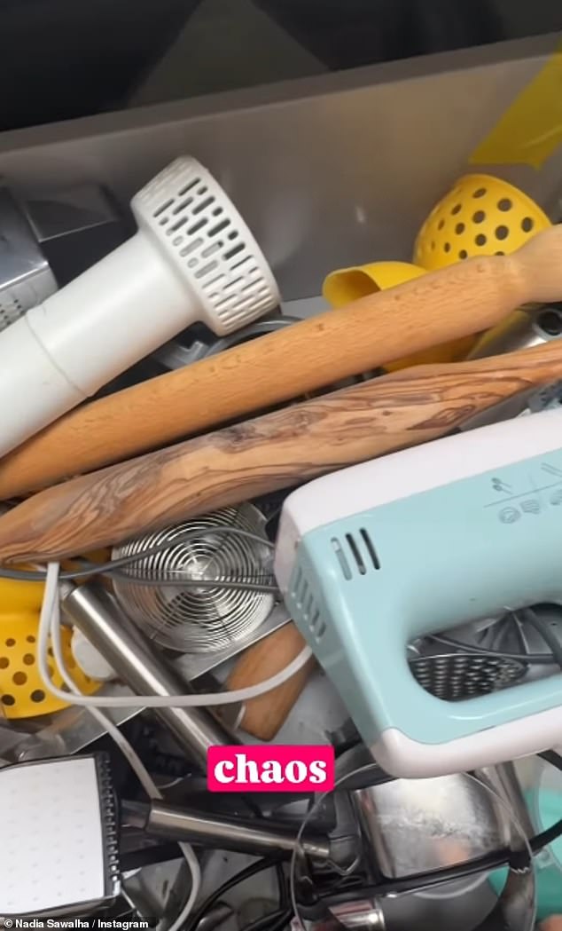 In the kitchen, Nadia opened her drawers which were overflowing with Tupper wear lids and electronic gadgets.