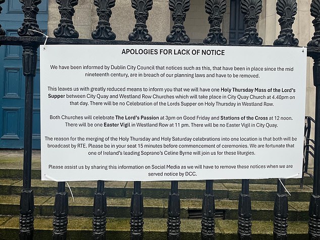 Sign that was put up by St Andrew's Parish Westland Row on their protected railings at the front of the Church which was completed in 1837, just a decade after Catholic Emancipation