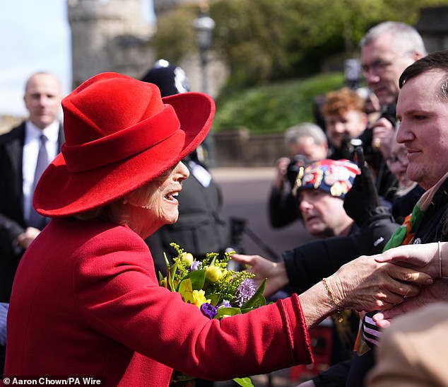 Queen Camilla (pictured) spoke to well wishers after attending the Easter Service
