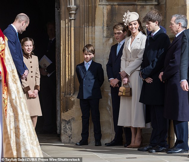 Kate and William were accompanied by their three children, Prince George, Princess Charlotte and Prince Louis, with James following suit (pictured)