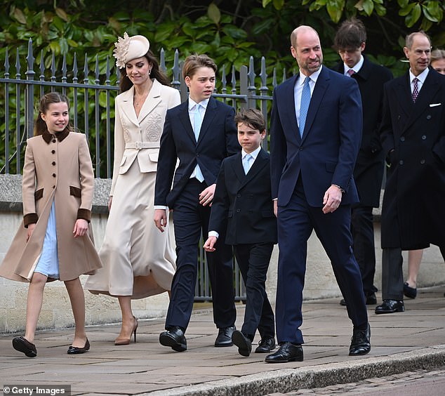 James, the Earl of Wessex has taken a more prominent role at the royal’s traditional Easter Sunday Service, walking to the chapel behind William and Kate (pictured)