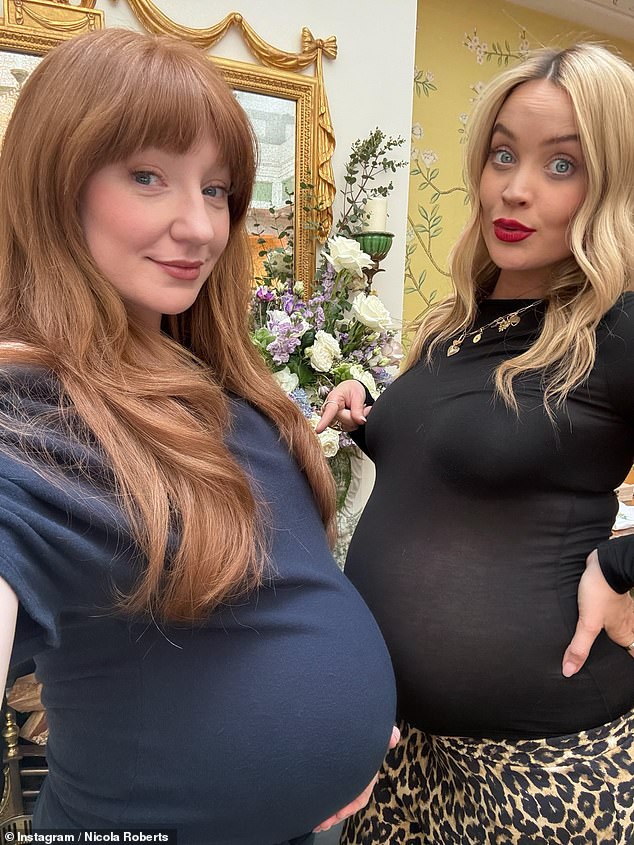 Laura Whitmore was also among the stars in attendance, with the presenter showing off her own bump in a playful snap as she prepares to welcome her second child