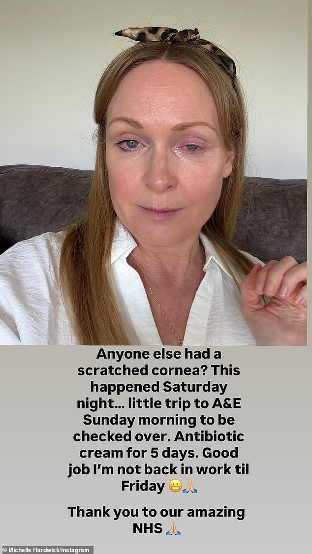 Emmerdale star Michelle Hardwick has revealed she was rushed to hospital with a painful and swollen eye as she shared a photo of the injury