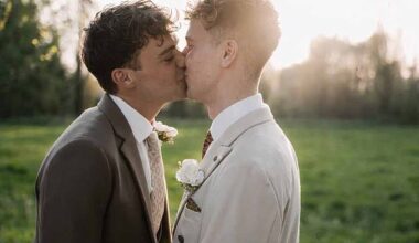 Bradley Riches is married! Emmerdale star and artist fiancé Scott Johnson share a sweet kiss as they tie the knot before dancing the night away surrounded by famous friends