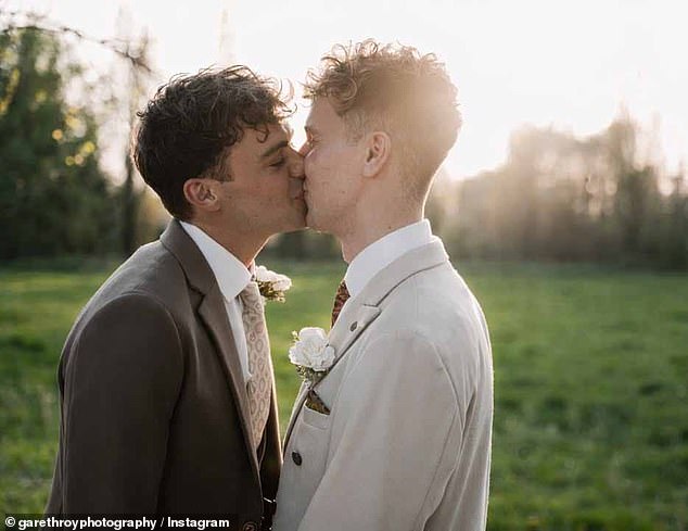 Bradley Riches is married! Emmerdale star and artist fiancé Scott Johnson share a sweet kiss as they tie the knot before dancing the night away surrounded by famous friends