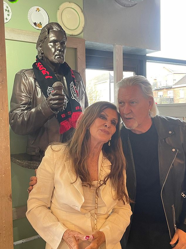 Musicians Linda Martin and Johnny Logan at an event in Ashbourne, Co.Meath in April 2026 where a new statue honouring the three-time winning Eurovision legend was unveiled