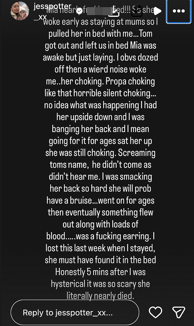 Retelling the horrifying ordeal, Jess said : 'Mia nearly f*****g died. So she woke early as I'm staying at mum's, so I pulled her in bed with me'