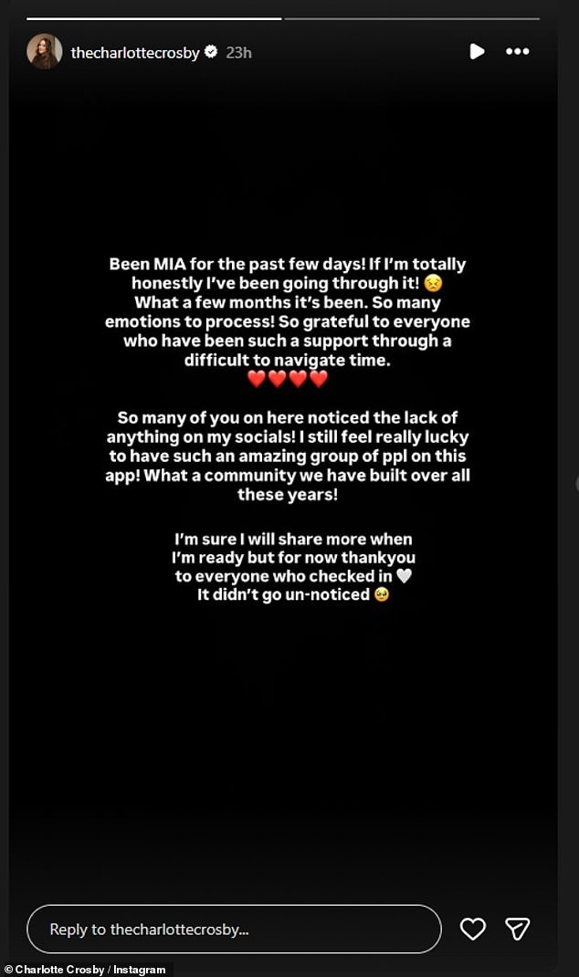 The Geordie Shore star, 35, took to her Stories and told fans she had 'so much to process' but would only share the details when she was ready