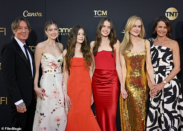 (L-R) Keith Urban, Sunday Rose, Faith Margaret, Sybella Hawley, Nicole and Antonia Kidman attend the 49th AFI Life Achievement Award Gala Tribute in April 2024