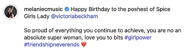 Mel C added: 'Happy Birthday to the poshest of Spice Girls Lady @victoriabeckham'