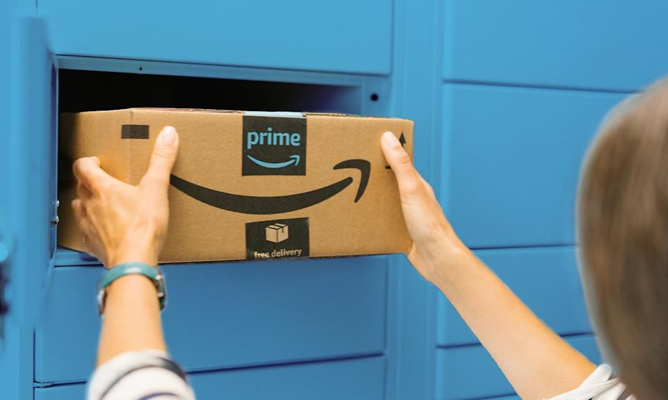 Amazon locker with package inside.