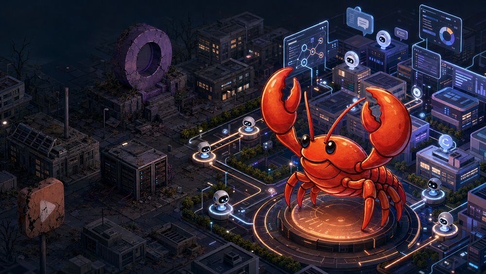 The OpenClaw mascot, a lobster, presides over a fleet of agents.