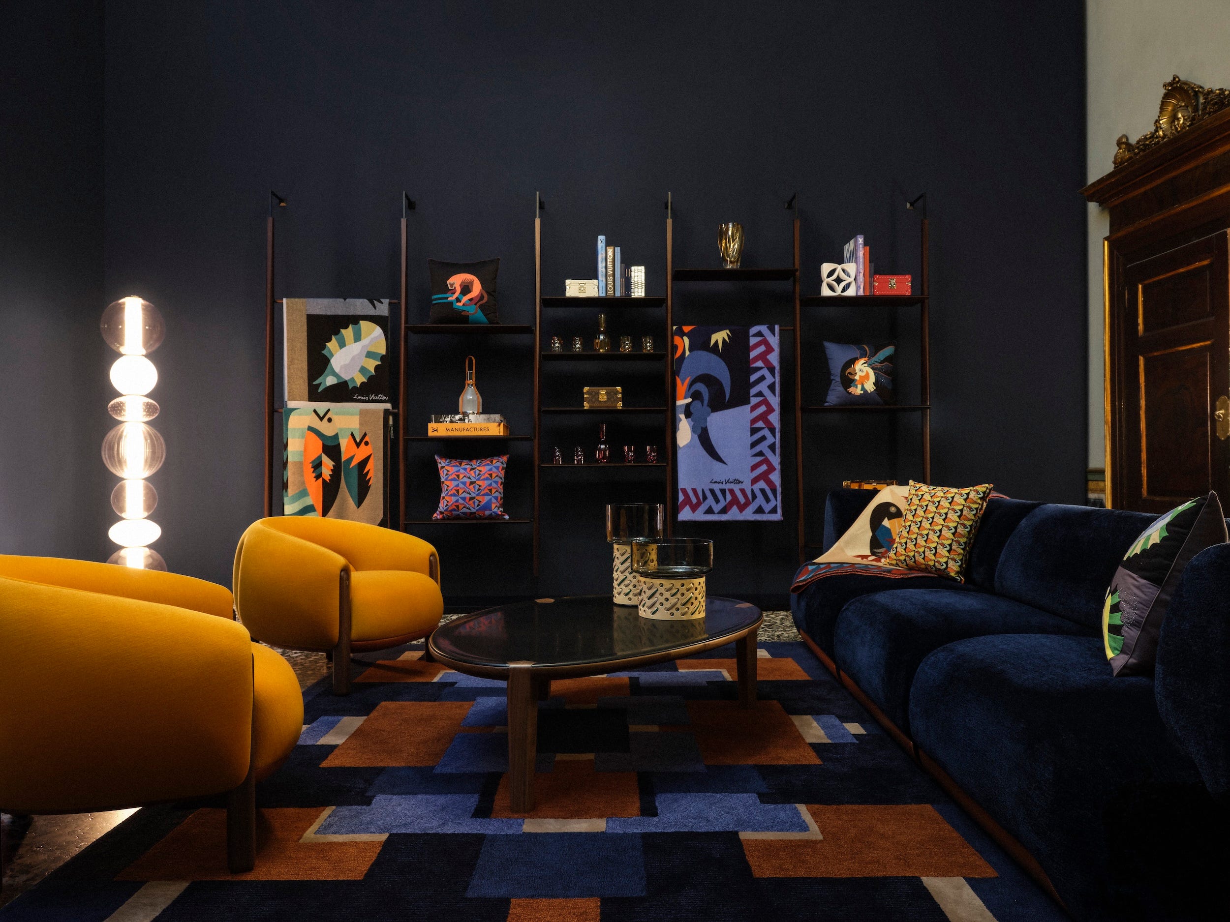 modern living room featuring vibrant furniture and artistic decor