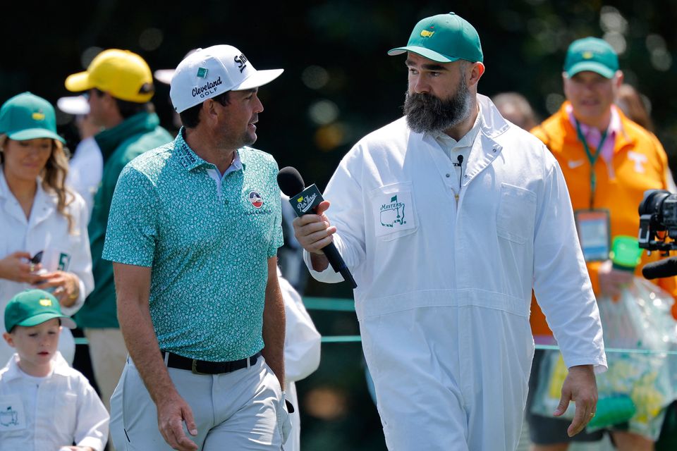 Golf - The Masters - Augusta National Golf Club, Augusta, Georgia, U.S. - April 8, 2026
Keegan Bradley of the U.S. with former american football center Jason Kelce during the par 3 contest REUTERS/Mike Blake