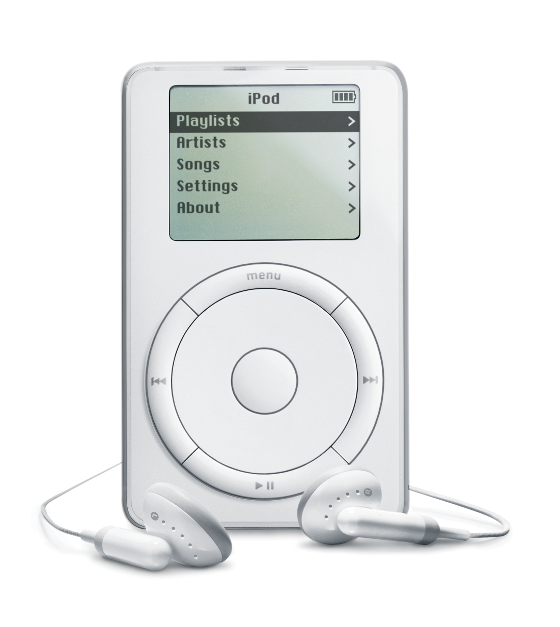 This photo shows an early iPod. It's white and has a rectangular shape. The top half has a rectangular digital screen. The bottom half has buttons arranged in a ring shape. Earphones rest on a surface in front of the iPod.