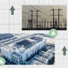 A collage of images showing a data center, power lines and an electrical outlet.