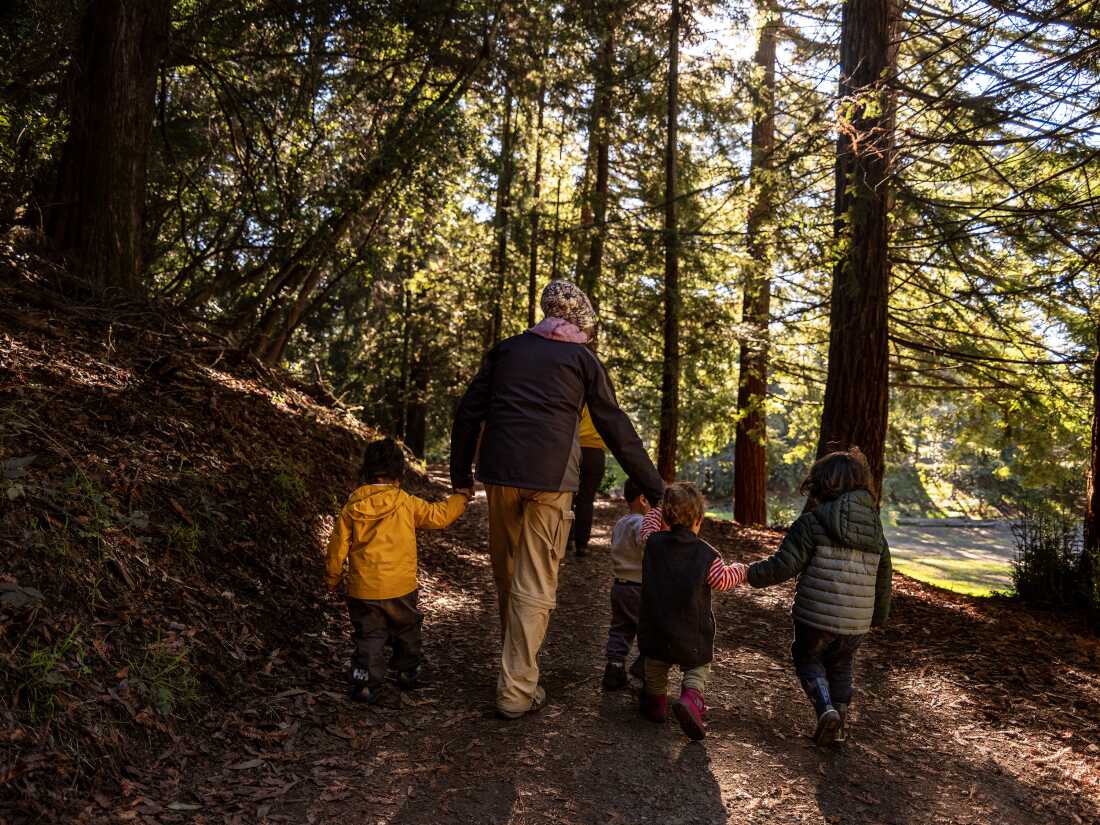 Rosa María Carranza holds hands and sings with toddlers while they walk along a trail in the forested hills of northeast Oakland, Calif.