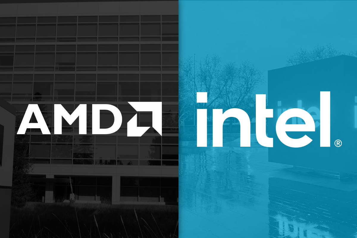 The AMD logo next to the Intel logo.