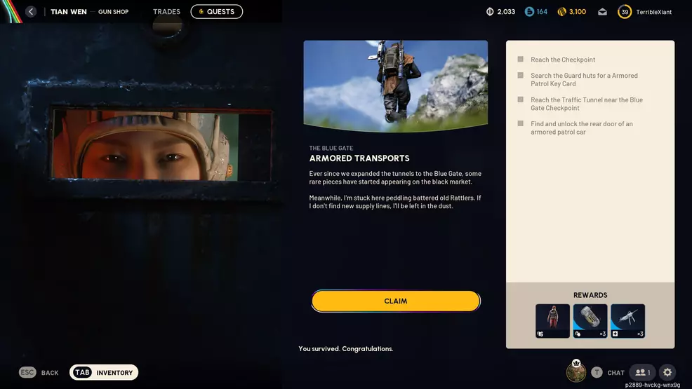 The Armored Transport quest reward claim screen in ARC Raiders.