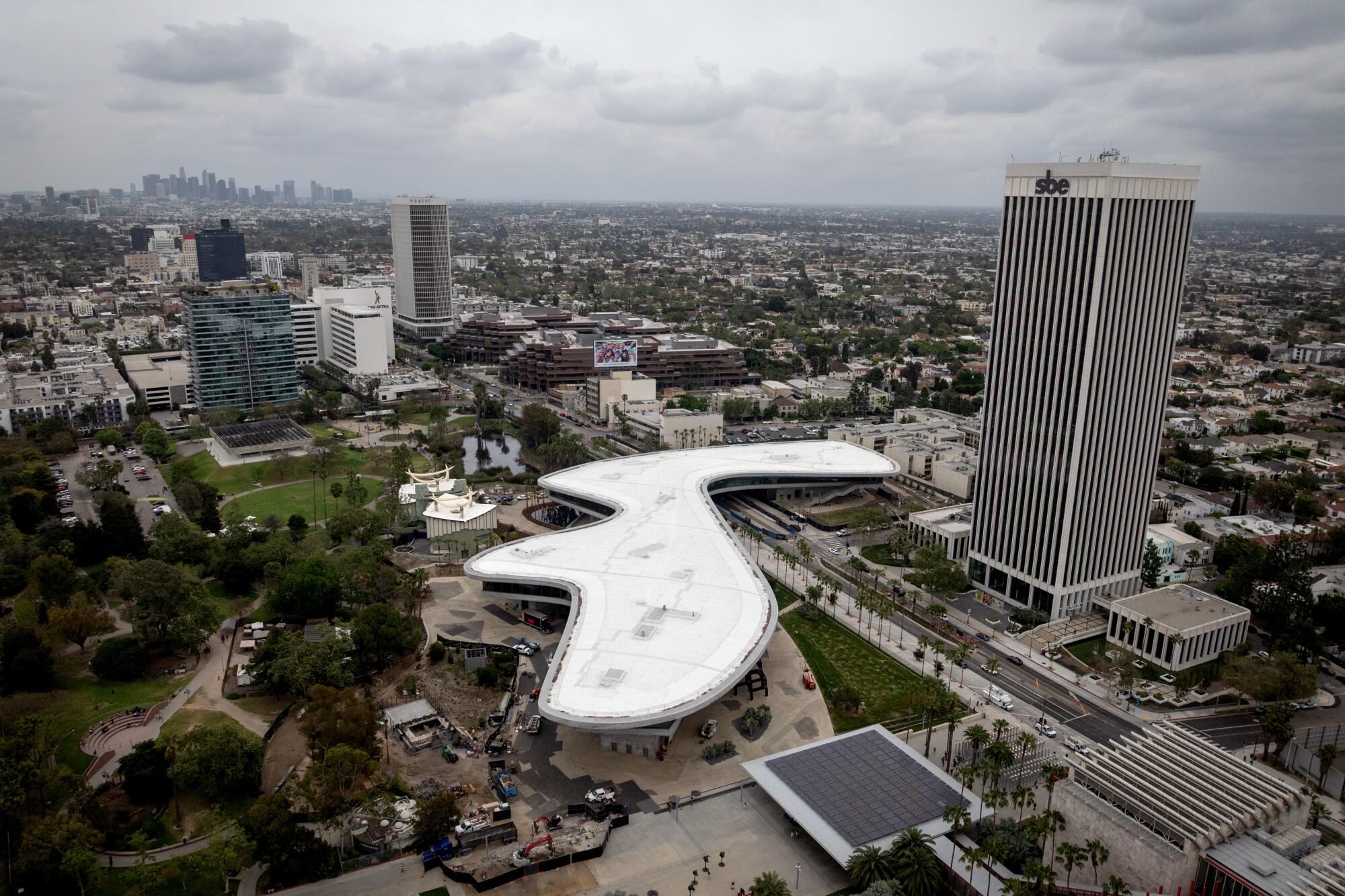 A drone view of LACMA's new David Geffen Galleries.