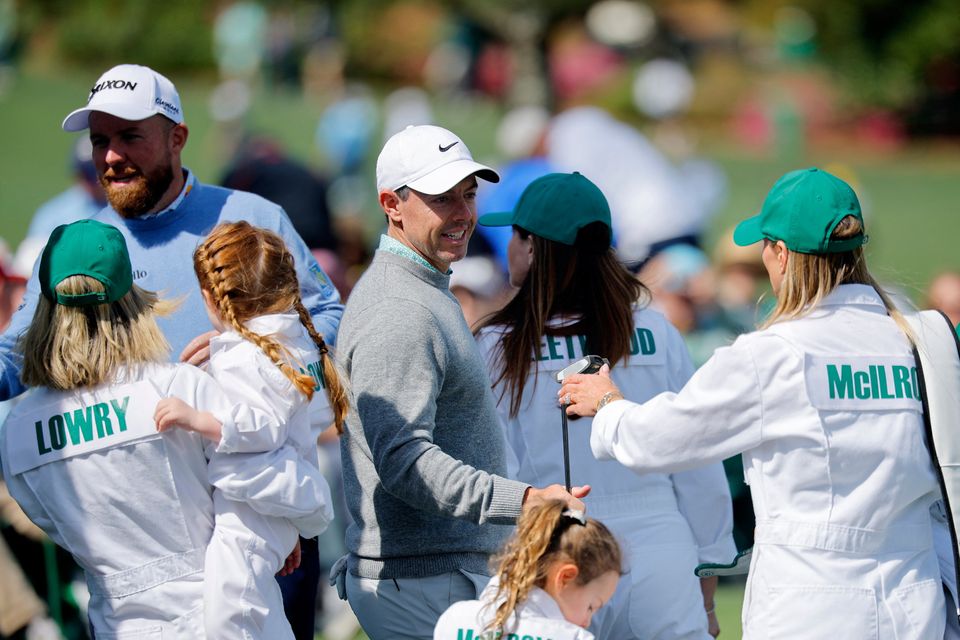 Golf - The Masters - Augusta National Golf Club, Augusta, Georgia, U.S. - April 8, 2026
Northern Ireland's Rory McIlroy reacts with his wife Erica Stoll and Ireland's Shane Lowry during the par 3 contest REUTERS/Mike Blake