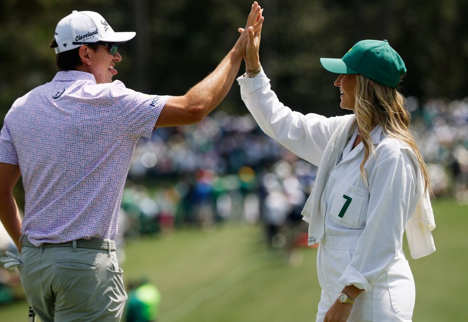 Golf - The Masters - Augusta National Golf Club, Augusta, Georgia, U.S. - April 8, 2026
Colombia's Nicolas Echavarria celebrates with his wife Claudia De Antonio during the par 3 contest REUTERS/Brian Snyder