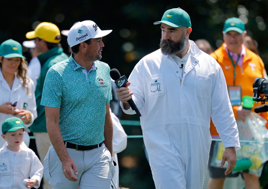 Golf - The Masters - Augusta National Golf Club, Augusta, Georgia, U.S. - April 8, 2026
Keegan Bradley of the U.S. with former american football center Jason Kelce during the par 3 contest REUTERS/Mike Blake
