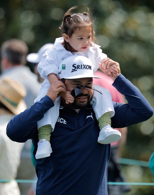 Golf - The Masters - Augusta National Golf Club, Augusta, Georgia, U.S. - April 8, 2026
J.J. Spaun of the U.S. with his daughter during the par 3 contest REUTERS/Mike Blake