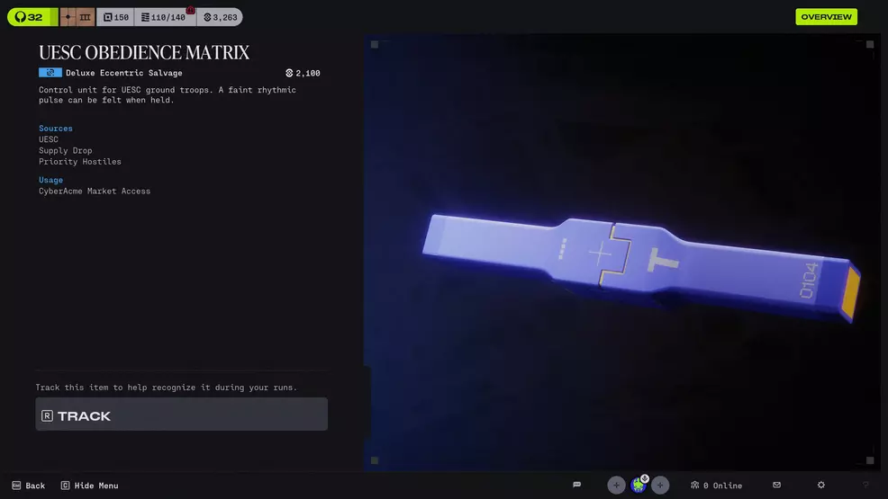 The UESC Obedience Matrix item inspect in Marathon.
