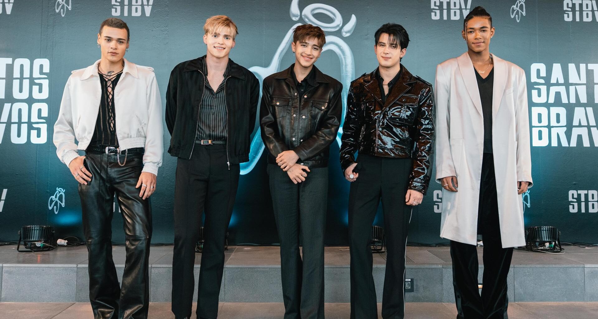 From left, members of SANTOS BRAVOS Drew, Gabi, Kenneth, Alejandro and Kaue pose during a press event at HYBE headquarters in Yongsan Distirct, Seoul, Friday. Courtesy of HYBE Latin America