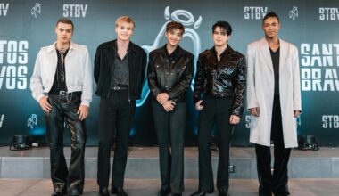 From left, members of SANTOS BRAVOS Drew, Gabi, Kenneth, Alejandro and Kaue pose during a press event at HYBE headquarters in Yongsan Distirct, Seoul, Friday. Courtesy of HYBE Latin America