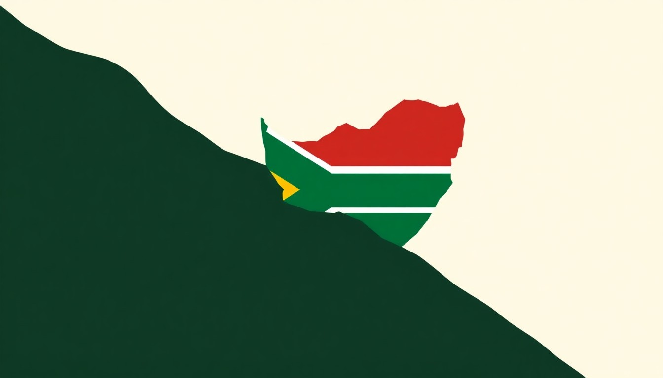 A minimalist, abstract illustration featuring bold geometric shapes in primary colors, conceptually representing the decline in South Africa