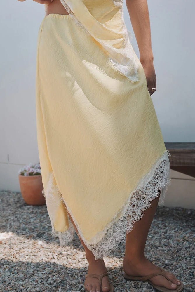 Yellow Asymmetric Lace Midi Skirt