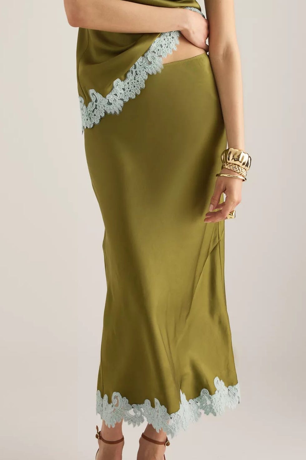 Lace Trim Bias Midi Slip Skirt
