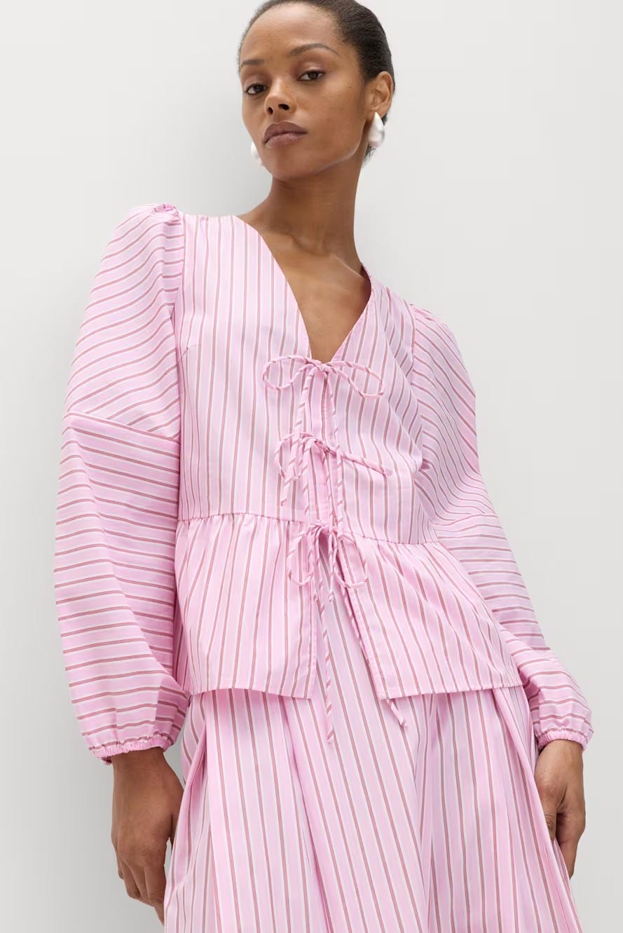 Pure Cotton Striped Tie Front Long Sleeve Blouse